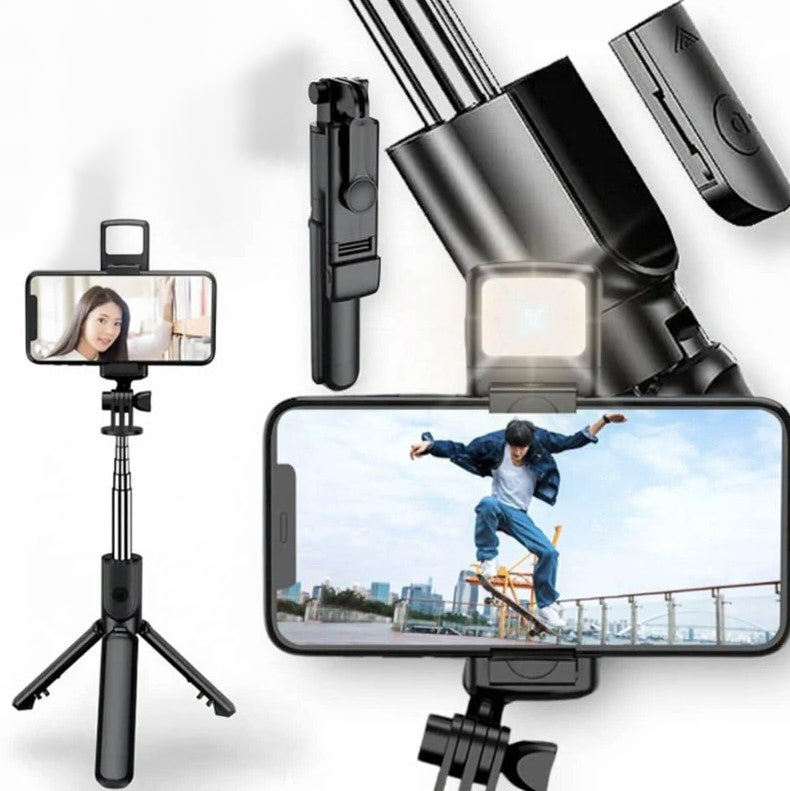 Selfie stick/trepied, Zola, lumina LED, 62 cm, otel inoxidabil, cu telecomanda, cap mobil 360 grade, negru Selfie stick/trepied, Zola, lumina LED, 62 cm, otel inoxidabil, cu telecomanda, cap mobil 360 grade, negru